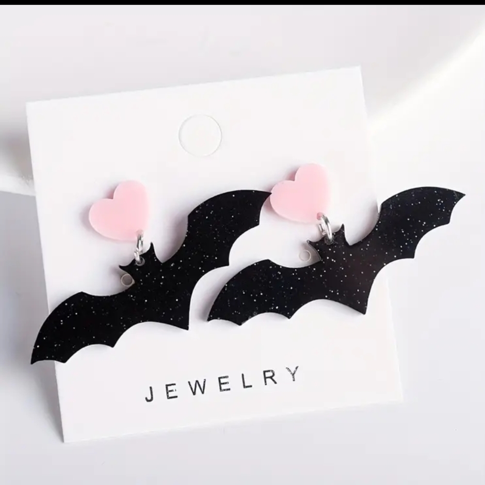Sparkly Black Bat with Pink Hearts Halloween Earrings